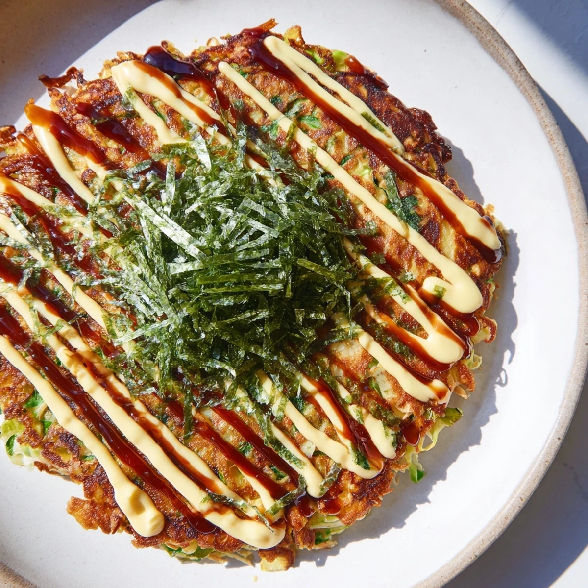 A close-up of a golden-brown Okonomiyaki pancake, piled high with delicious toppings, ready to enjoy.
