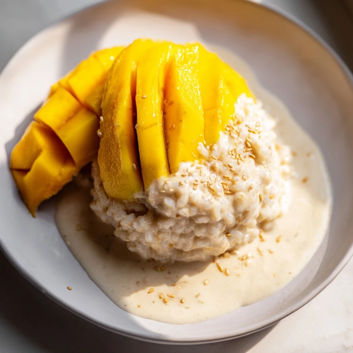 Sweet, creamy Thai mango sticky rice with ripe mango slices, perfect for dessert tonight.