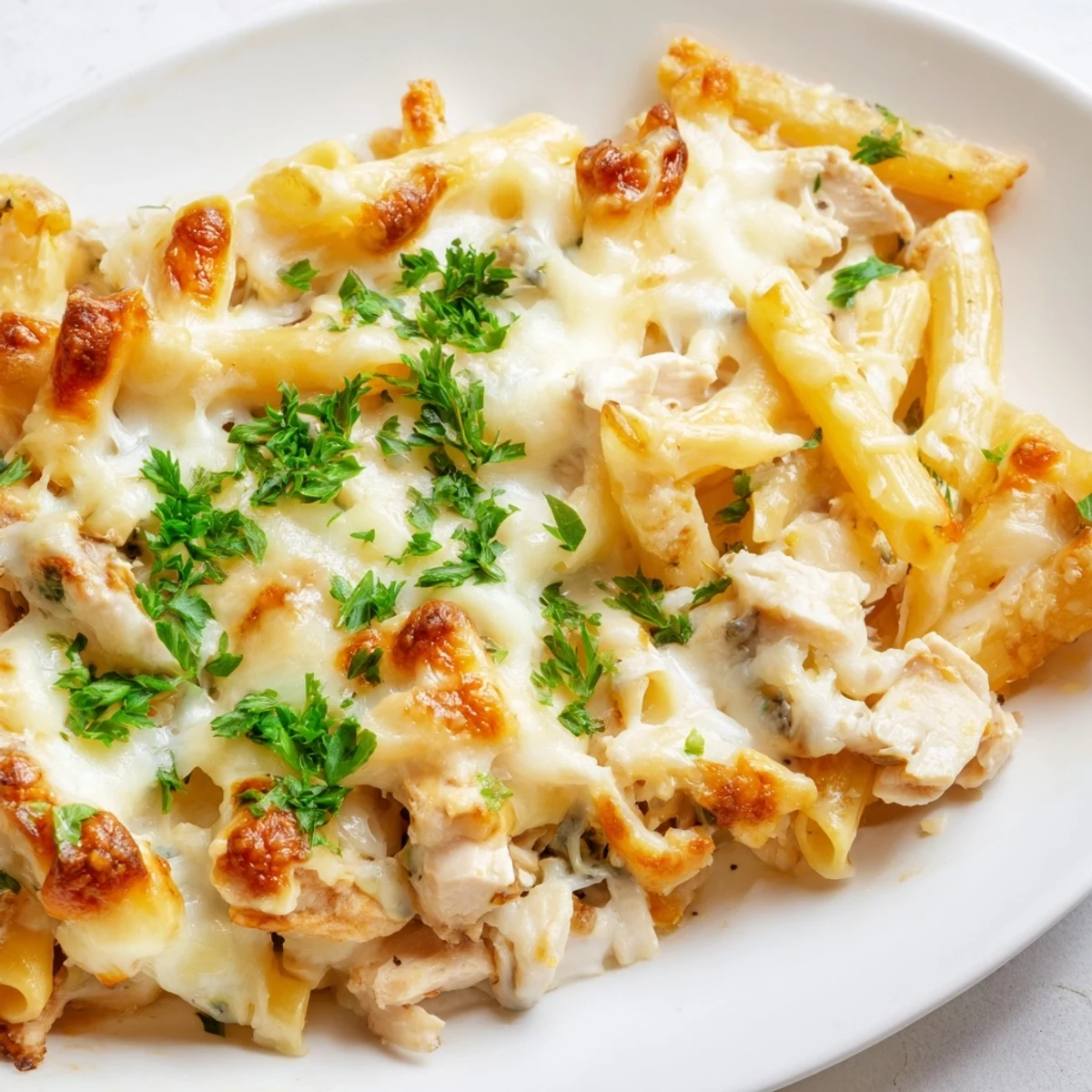 Dampfender Chicken Alfredo Casserole mit goldenem Käsebelag, serviert mit frischer Petersilie und glasiger Sahnesauce auf Penne.