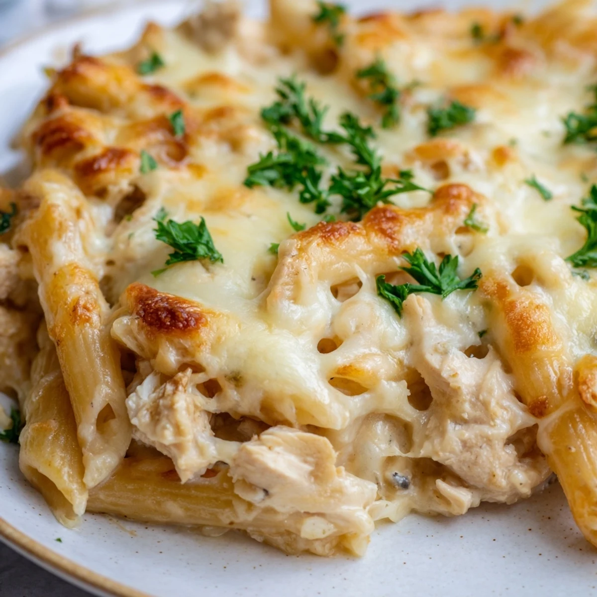 Gebackenes Chicken Alfredo Casserole in einer Auflaufform, reichhaltig cremig mit zartem Hähnchen und geschmolzenem Mozzarella.