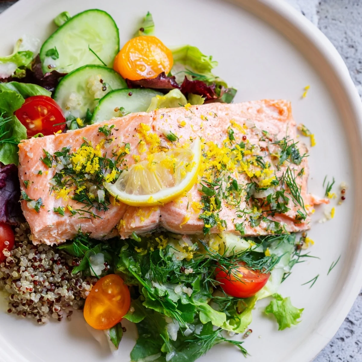Flaky baked salmon fillet atop a vibrant Lemon Herb Salmon Salad with quinoa and fresh herbs in citrus vinaigrette.