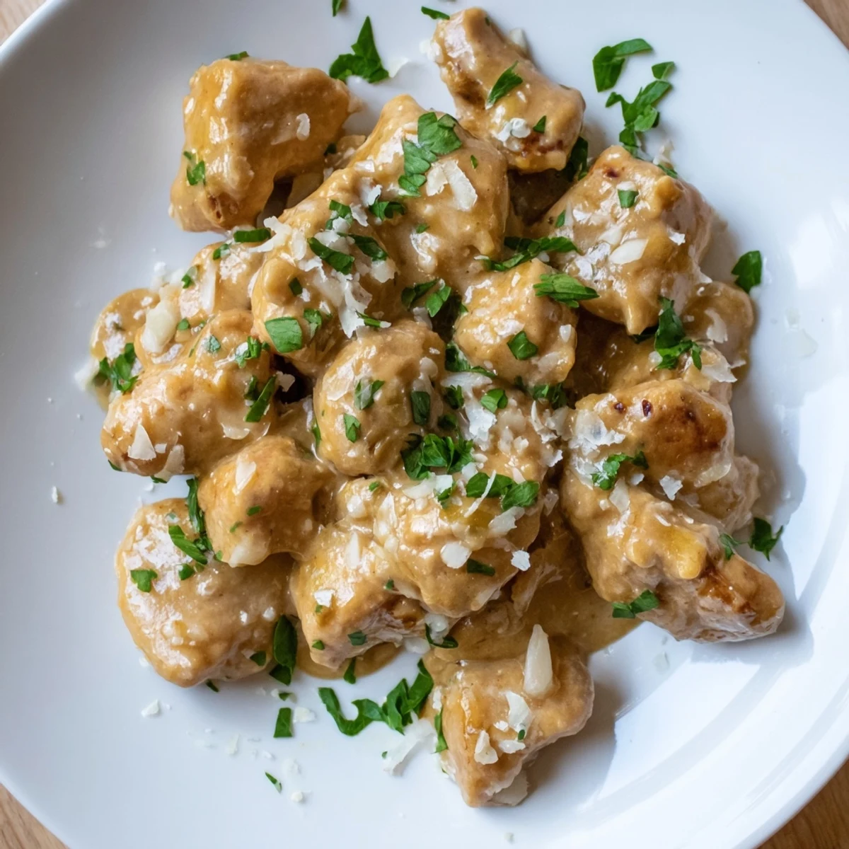 Cremige Knoblauch-Hähnchenbissen in einer reichhaltigen Sauce, garniert mit frischer Petersilie und Parmesan.