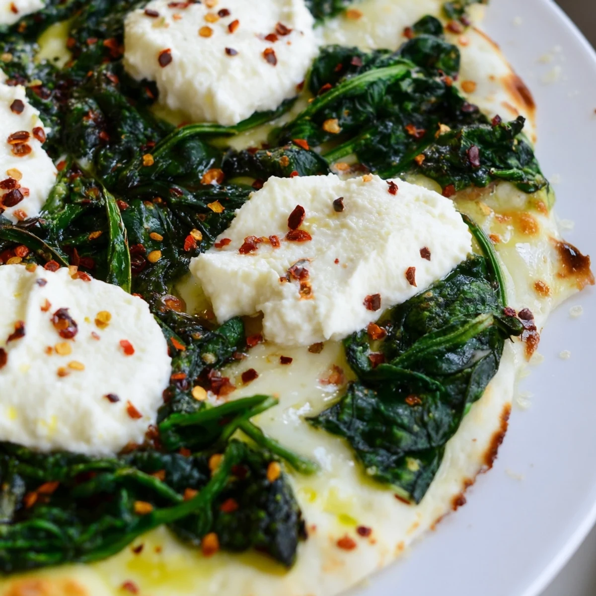 Ein belegtes Spinach Ricotta Pizza auf Backpapier, belegt mit cremiger Ricotta, sautiertem Spinat und goldbraunem Käse.