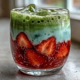 2. Lebendiger milchfreier Matcha-Latte mit frischen Erdbeeren, erdigem Matcha und kalter Hafermilch, perfekt für einen erfrischenden Genuss.
