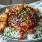 Ein-Pfanne-Ananas-Hähnchen-Reis-Bake mit saftigem Hähnchen, süßer Ananas und fluffigem Reis, perfekt für ein schnelles Familienessen.