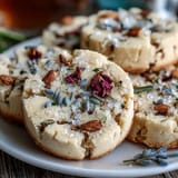 2. Buttrige Shortbread-Kekse mit getrockneten Blütenblättern und einem Hauch Zucker, kunstvoll arrangiert für den Muttertag.