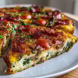 Eierfrittata mit Schweizer Käse, Schinken und Spinat, serviert mit frischem Obst.  