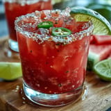 Festlicher, alkoholfreier Wassermelonen Jalapeño Margarita Mocktail, perfekt garniert und servierbereit.