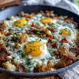 Beladene Hash-Brown-Auflaufform für das Vatertagsfrühstück mit goldbraunen Kartoffeln.