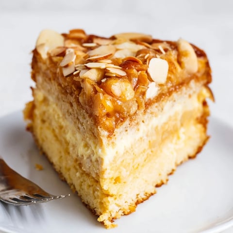 Klassischer Bienenstichkuchen mit luftiger Vanillecreme und knackiger Mandeldecke.  