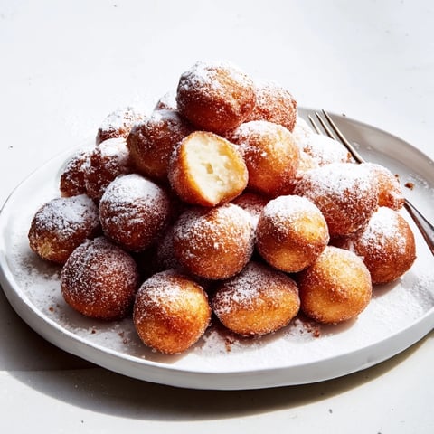 Zarte Quark-Donut Löcher, frisch frittiert und mit Puderzucker bestäubt.