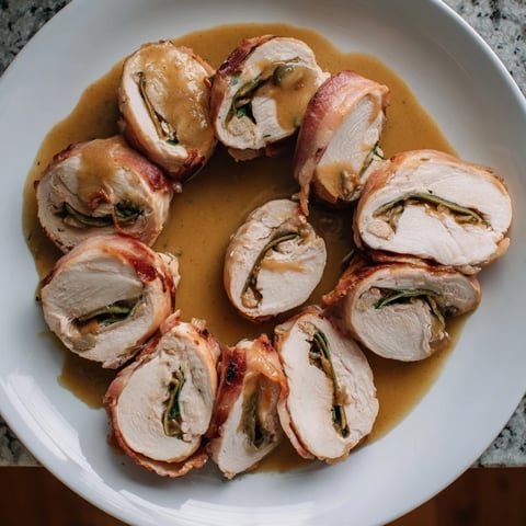 Tender, golden-brown Quick Chicken Rouladen Rolls, sliced and served with a creamy gravy on a plate.
