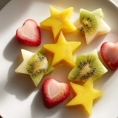 Midnight Kiss star and heart cocktail garnishes, ruby red strawberry hearts and golden star mango slices.