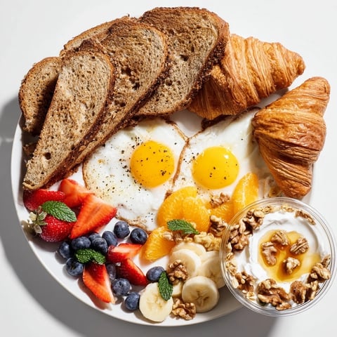 Brightly colored Soleil Matinal breakfast platter with fresh fruits, eggs, bread and granola.