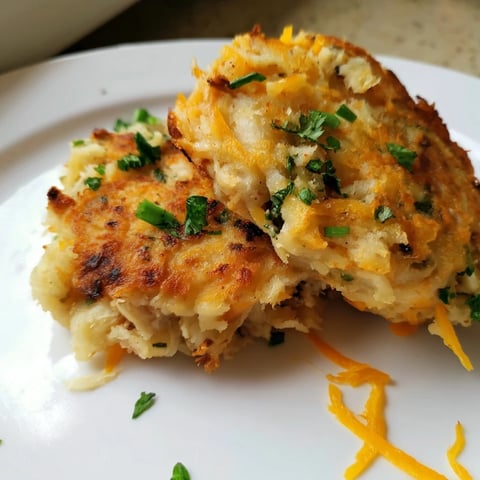 Crispy golden Potato and Chicken Cakes, a comforting American classic, served with fresh herbs for garnish.