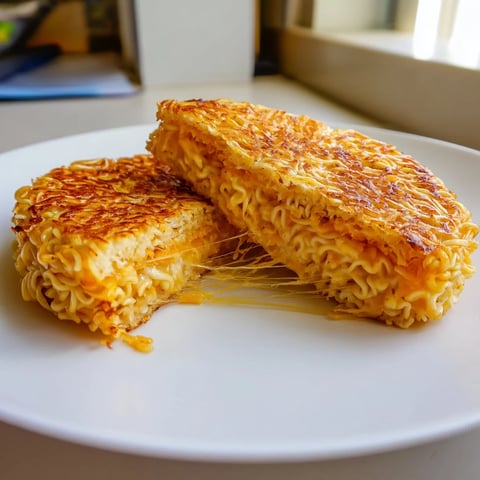 Golden-brown Ramen Grilled Cheese sandwich cut open, revealing melty cheese pull against crispy ramen buns.