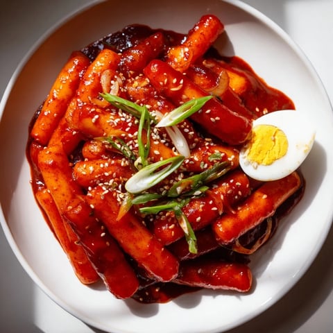 A bubbling pot of Korean Tteokbokki showcases the chewy rice cakes in a fiery, red gochujang sauce.