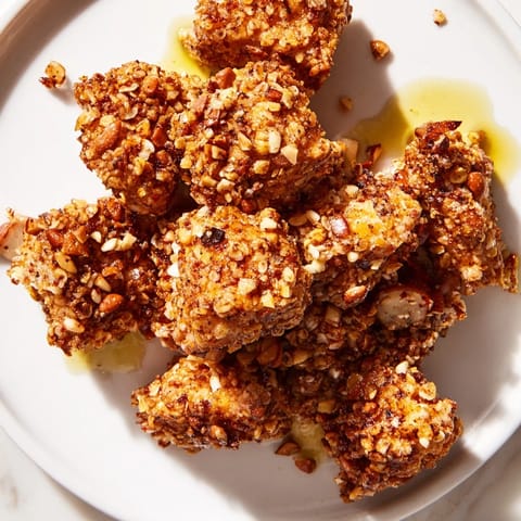 Close-up image of pretzel crusted chicken bites, showing the crunchy, golden-brown pretzel coating.