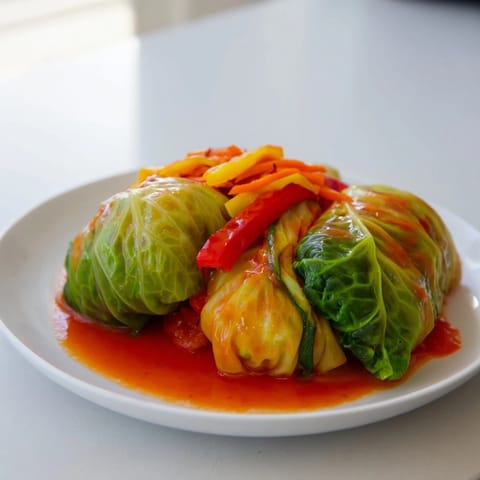 Steaming plate of Rainbow Sauerkraut Rolls, showcasing tender cabbage-wrapped rolls in a tangy sauce.