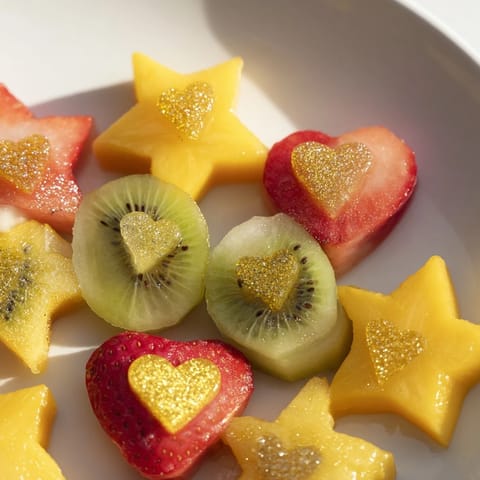 Vibrant arrangement of Midnight Kiss cocktail garnishes: star mangoes and kiwi hearts for a celebratory drink.