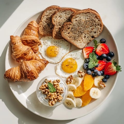 A sunny, delicious Soleil Matinal breakfast platter with fruit and yogurt, ready to eat.