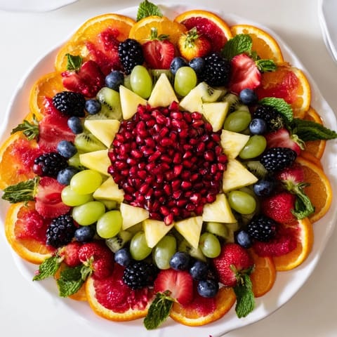 Vibrant Pomegranate Starburst Platter with fresh pineapple and kiwi, ready to serve as a snack.