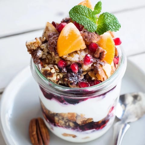 Festive Christmas Pudding Yogurt Parfait Bar, showcasing layered yogurt, fresh fruit, & sweet, spiced pudding.