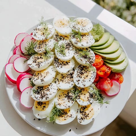 Vibrant brunch board of sliced eggs; see the everything bagel seasoning, spreads, and fresh veggies.
