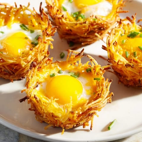 These baked Crispy Hashbrown Egg Nests showcase perfectly cooked eggs nestled in crispy potato shells.