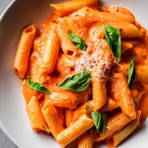 Frisch gebackene Roasted Red Pepper Pasta mit cremiger Soße und Basilikum auf rustikalem Teller.
