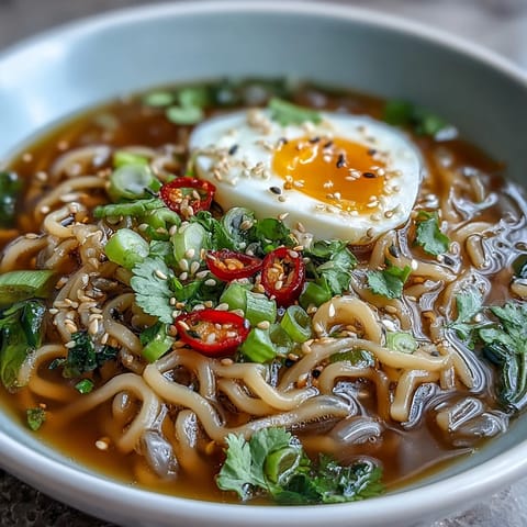 Ein dampfendes Schälchen Shirataki Nudeln in reichhaltiger Knochenbrühe mit weichgekochtem Ei und Chili.