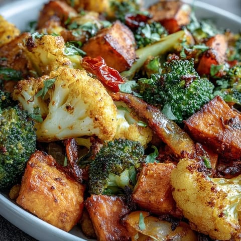 Röstgemüse mit wärmendem Kurkuma und würzigen Gewürzen, perfekt serviert als gesunder Beilage zu Reis oder Quinoa.