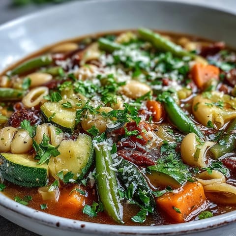 Close-up of Vegetable Minestrone with beans and pasta, served with crusty bread on a wooden table.