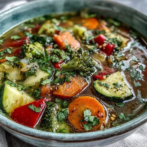 Ginger Vegetable Soup in a rustic bowl, steaming with tender carrots and broccoli, ready for a cozy light meal.