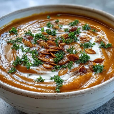 Gewürzte Pumpkin Soup mit Sahnebraus und frischen Kräutern auf dunklem Teller.