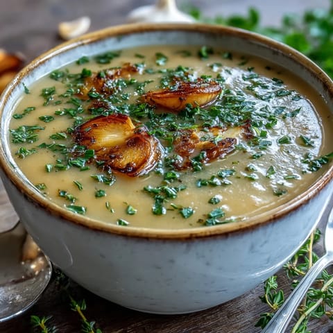 Velvety Roasted Garlic and Herb Soup served in a rustic ceramic bowl with fresh parsley garnish and crusty bread on the side.