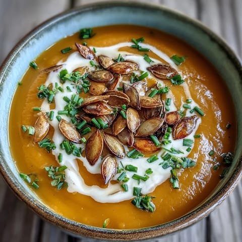 Creamy Acorn Squash Soup garnished with chives, a drizzle of cream, and rustic bread.