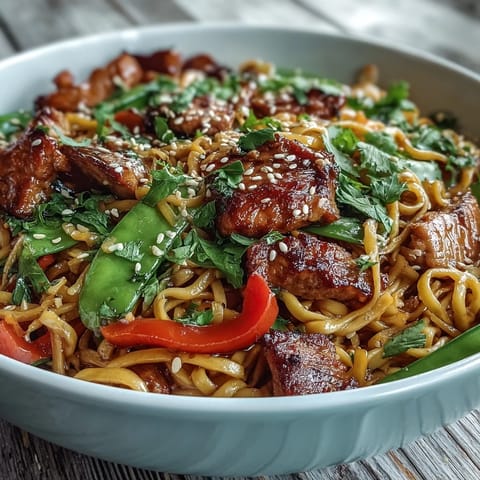 Frisch gewürztes Pork Noodle Stir-Fry mit Eiernudeln, Paprika und einem glänzenden Sesam-Topping serviert.