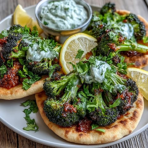 Spicy harissa broccoli piled onto flatbreads with lemon and fresh cilantro garnish.