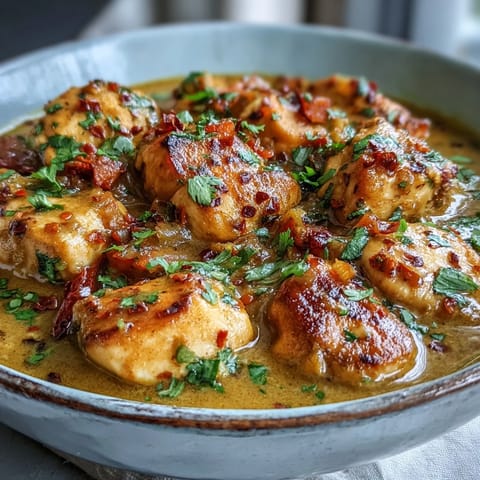 Goldene Easy Chicken Curry auf weißem Teller mit Reis und Koriander garniert, cremige Soße und würziger Dampf, perfekt für schnelle Abendessen. 