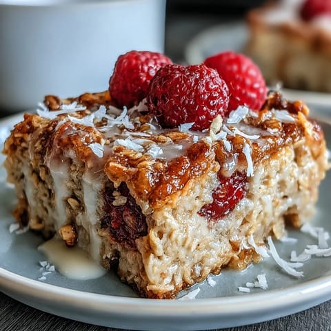 Saftige Himbeer-Kokosnuss-Haferflocken-Auflauf, perfekt für eine gemütliche Frühstücksstunde.