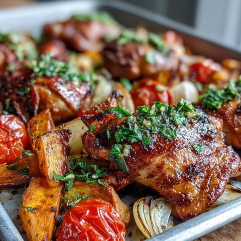 Geröstete Chicken and Sweet Potato Traybake mit glasierten Süßkartoffeln, roten Zwiebeln und bunten Paprikastreifen, serviert mit Zitronenkeilen.