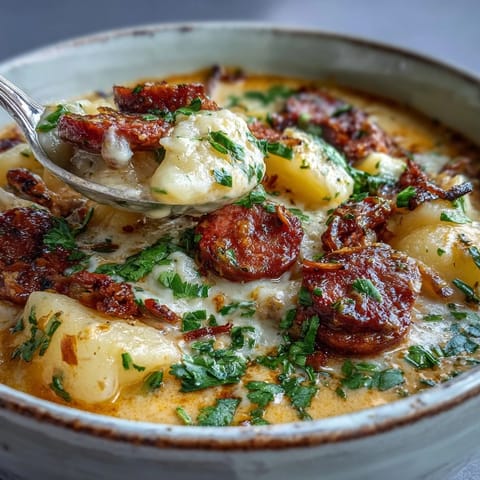 Eine dampfende Schüssel Potato, Leek and Chorizo Soup, belegt mit knusprigem Chorizo und frischem Petersilienzweig.  