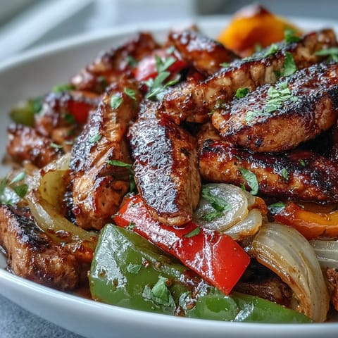 Close-up of tender, seasoned chicken and charred peppers piled high on a plate, ready for wrapping in tortillas for Easy Chicken Fajitas.