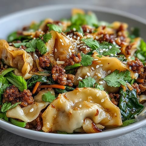Potsticker Noodle Bowls in a white bowl with steaming noodles, browned pork, shredded cabbage, carrots, and fresh cilantro.