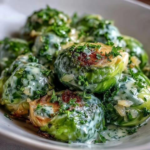Creamy Brussels sprouts in cream cheese mustard sauce served hot with a spoon, ideal for a vegetarian dinner.
