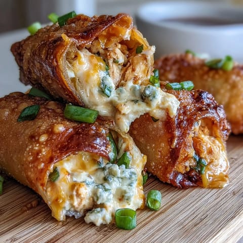 Goldbraune Buffalo Chicken Dip Egg Rolls mit blubbernem Käsefüllung, würziger Buffalo-Sauce und frischen grünen Zwiebeln, perfekt als knuspriger Game-Day-Snack