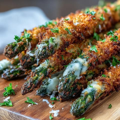 Goldene Crispy Asparagus Asiago Speere auf einem Backblech mit Zitronenspalten und Petersilie.