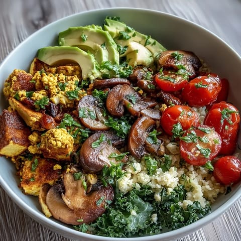 Farbenfrohes Frühstücksschüssel-Foto mit gewürztem Rührtofu, knusprigen Champignons und grünem Grünkohl auf nahrhaftem Vollkuskus.