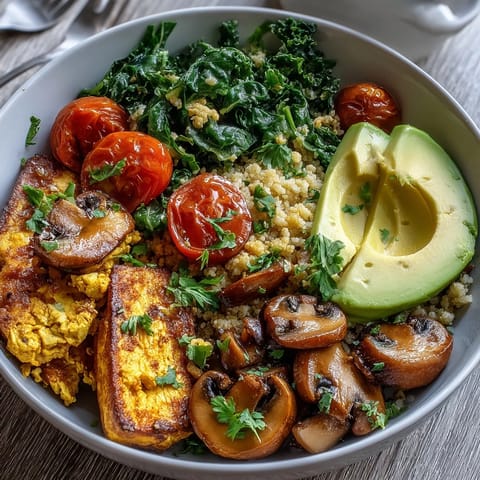 Leckeres veganes Scrambled Tofu Breakfast Bowl mit Avocado-Kirschtomaten-Garnitur, serviert warm für einen proteinreichen Start in den Tag.